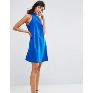 Ted Baker Torrii Dress Blue Size 6 Halterneck Scalloped Cute Chic High Neck Sexy